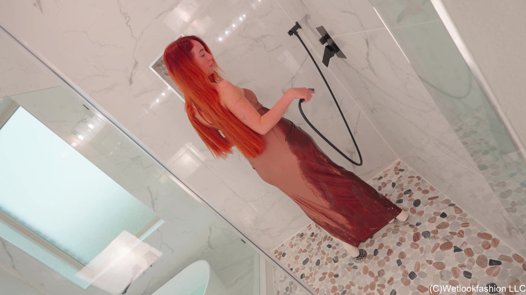 Emma Showers and Takes a Bath in a Satin Dress and Boots