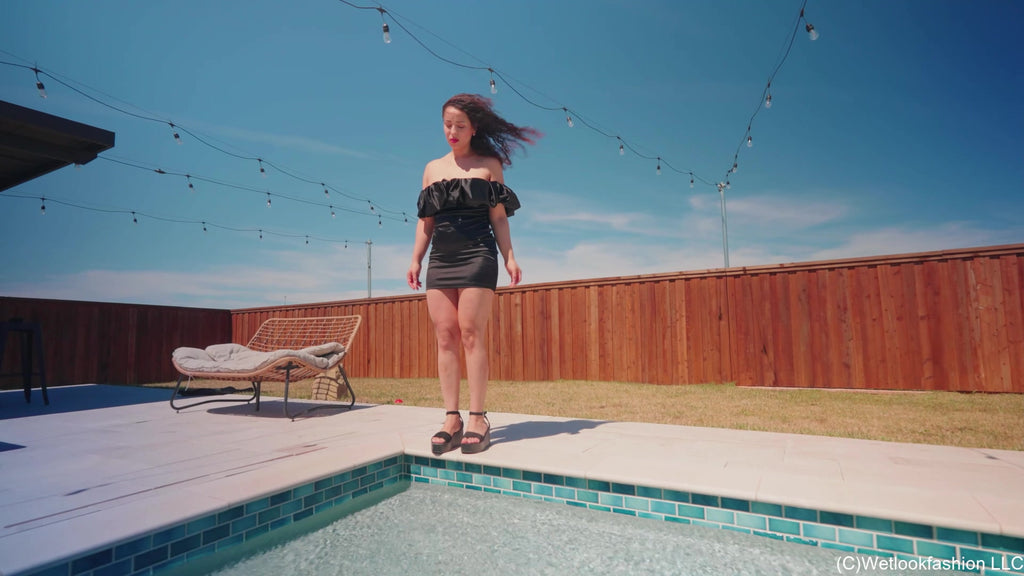 Gina Gets All Shiny and Wet in a Black Satin Dress