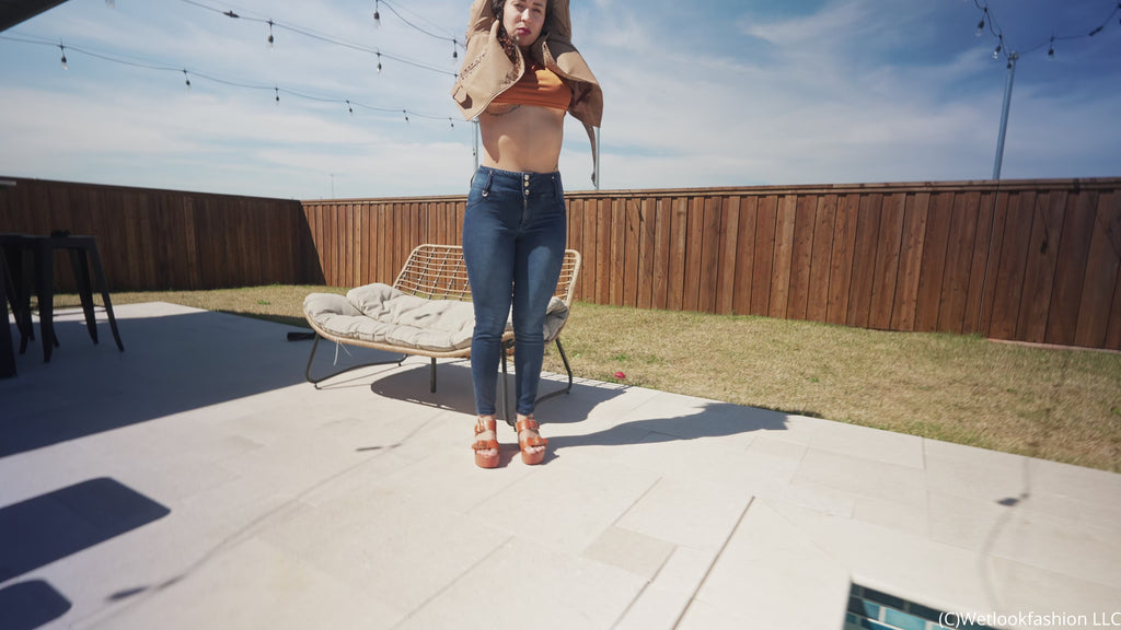 Gina Goes for a Swim in Jeans, Crop Top and a Leather Jacket