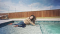 Gina Goes for a Swim in Jeans, Crop Top and a Leather Jacket