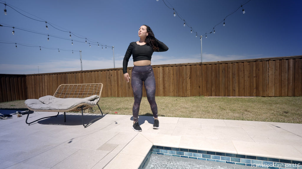 Gina Goes for a Swim in Leggings, a Shiny Top and Sneakers