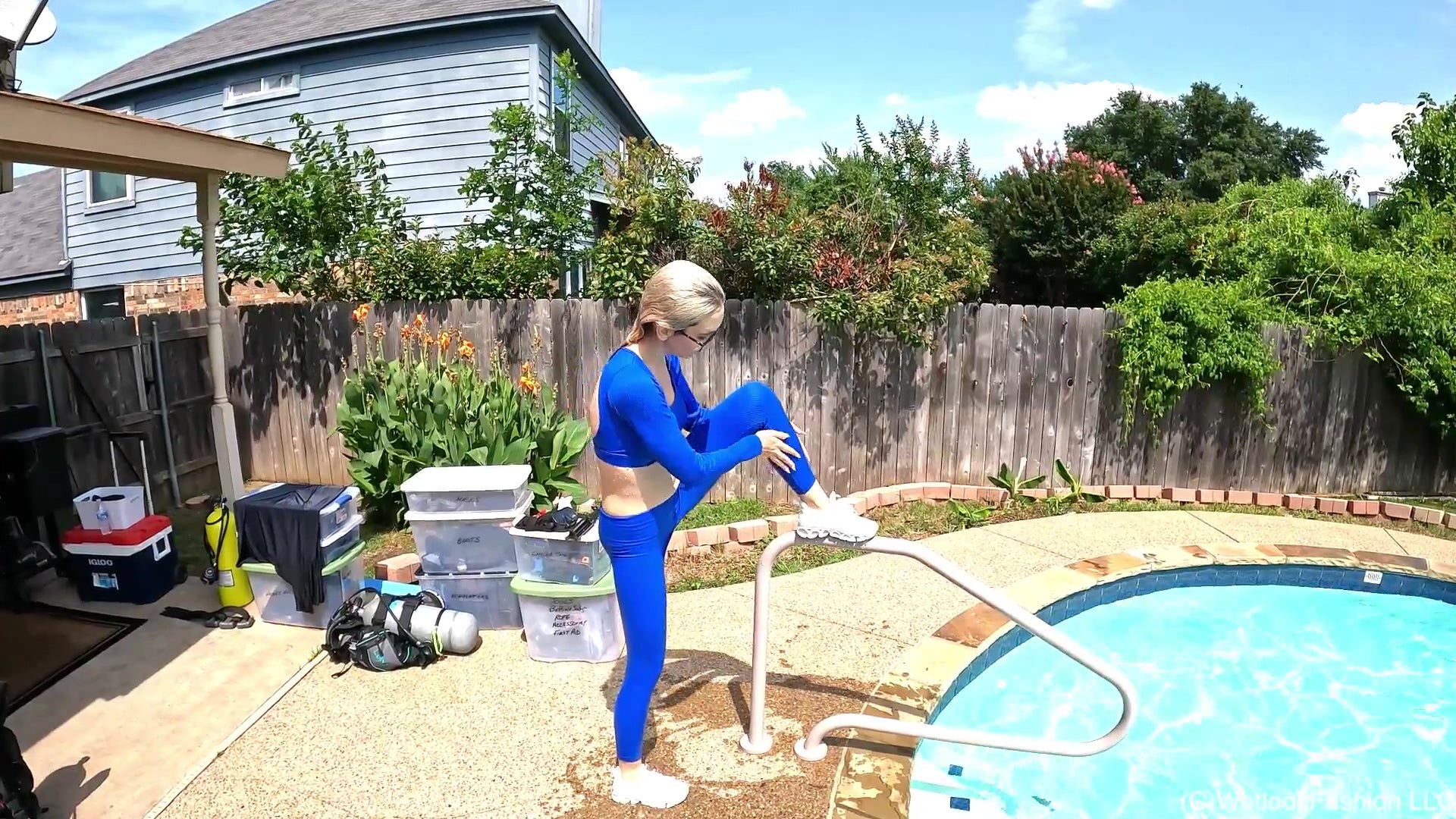 Hannah Gets Wet Wearing a Blue Workout Set