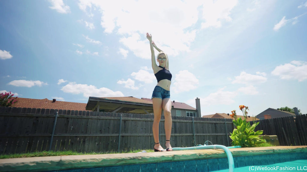 Hannah in the Pool Wearing a Hot Jean Shorts Outfit
