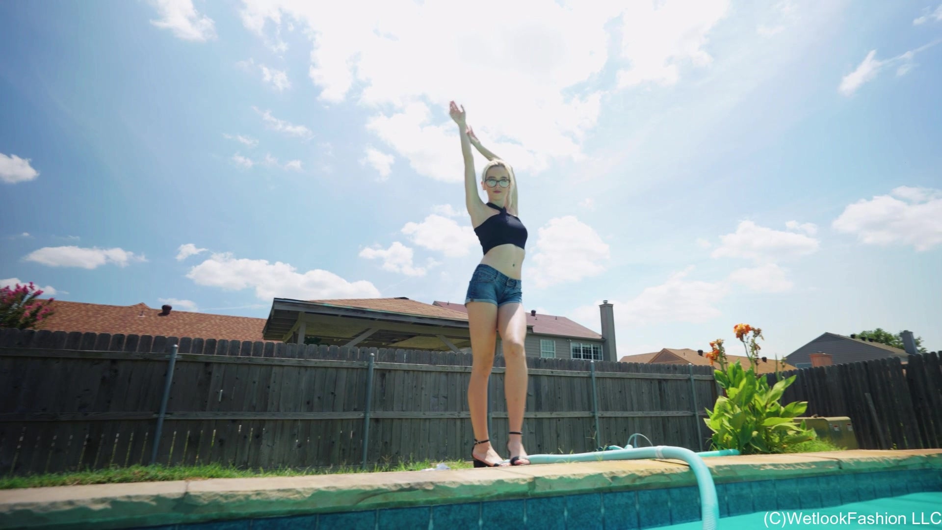 Hannah in the Pool Wearing a Hot Jean Shorts Outfit