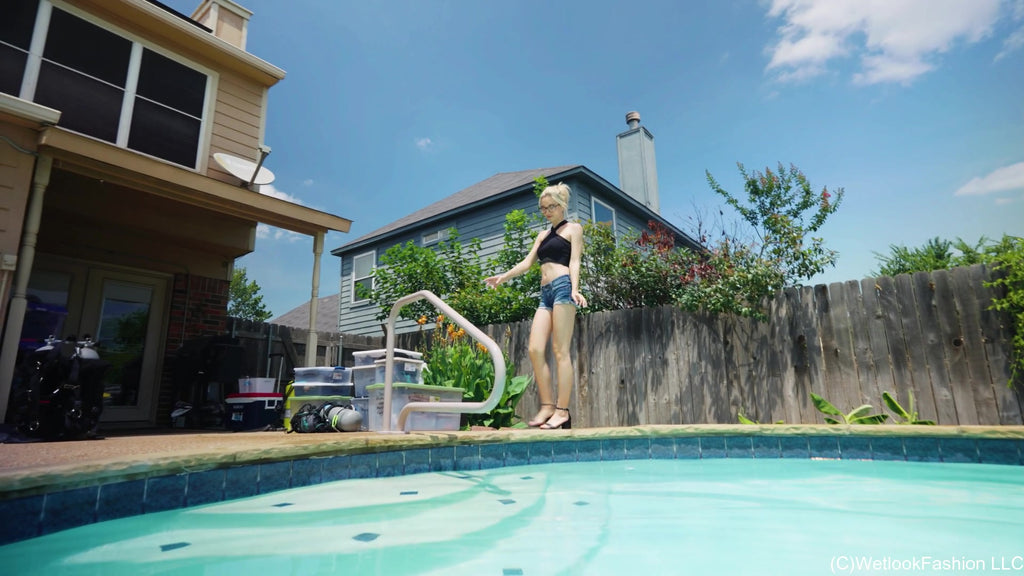 Hannah in the Pool Wearing a Hot Jean Shorts Outfit