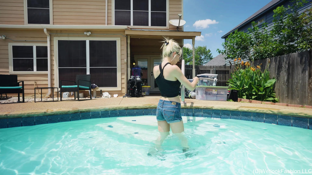 Hannah in the Pool Wearing a Hot Jean Shorts Outfit