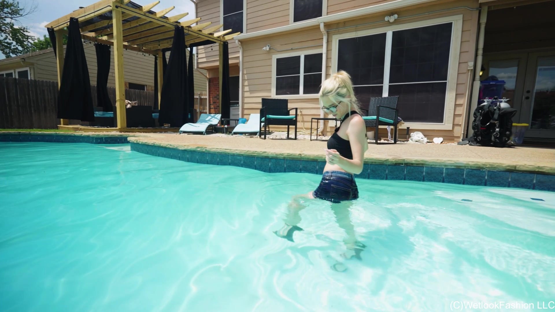 Hannah in the Pool Wearing a Hot Jean Shorts Outfit
