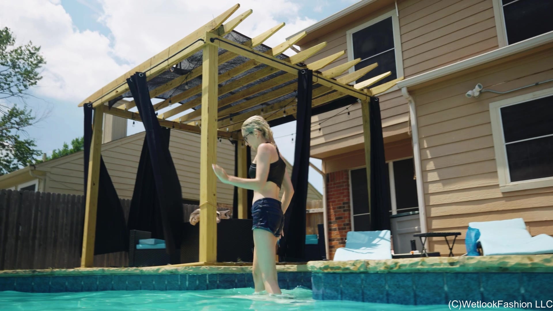Hannah in the Pool Wearing a Hot Jean Shorts Outfit