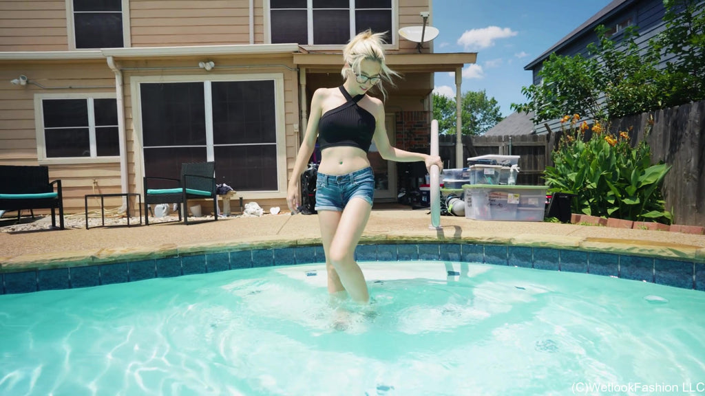 Hannah in the Pool Wearing a Hot Jean Shorts Outfit