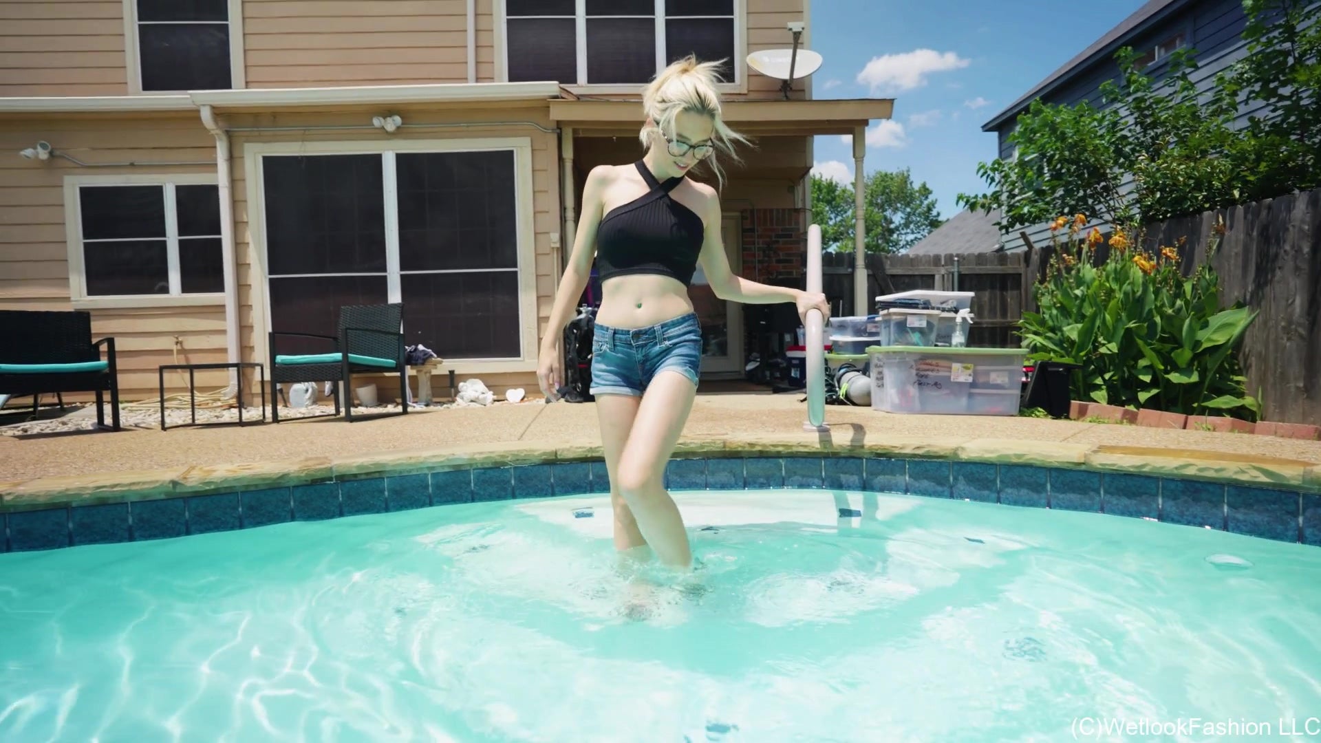 Hannah in the Pool Wearing a Hot Jean Shorts Outfit