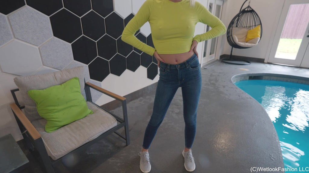 Hannah Swims in Jeans and a Yellow Crop Top