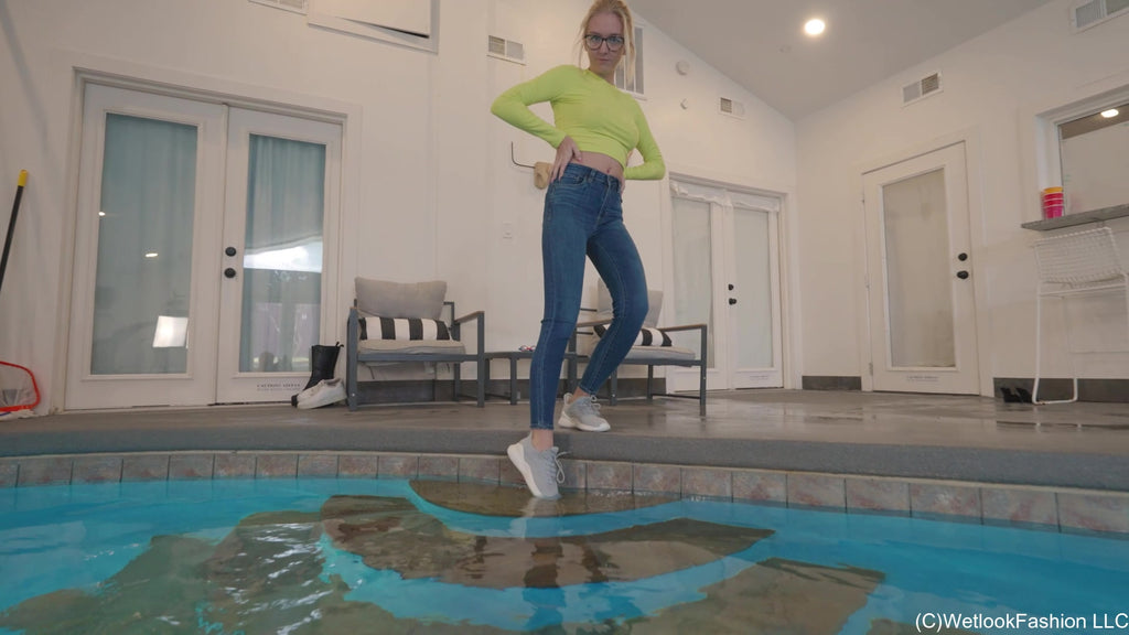 Hannah Swims in Jeans and a Yellow Crop Top
