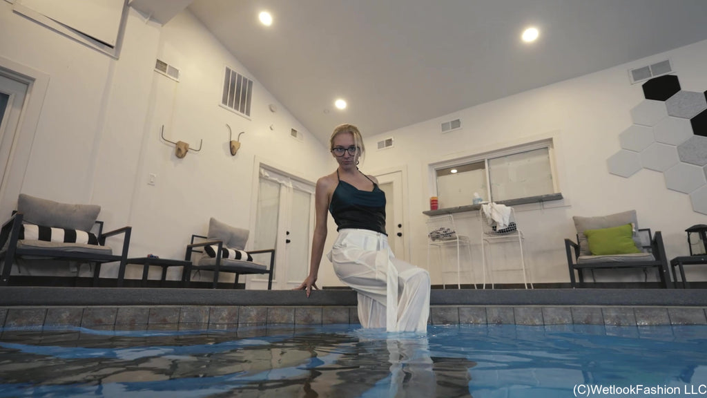 Hannah Swims in Fancy White Pants and Green Top