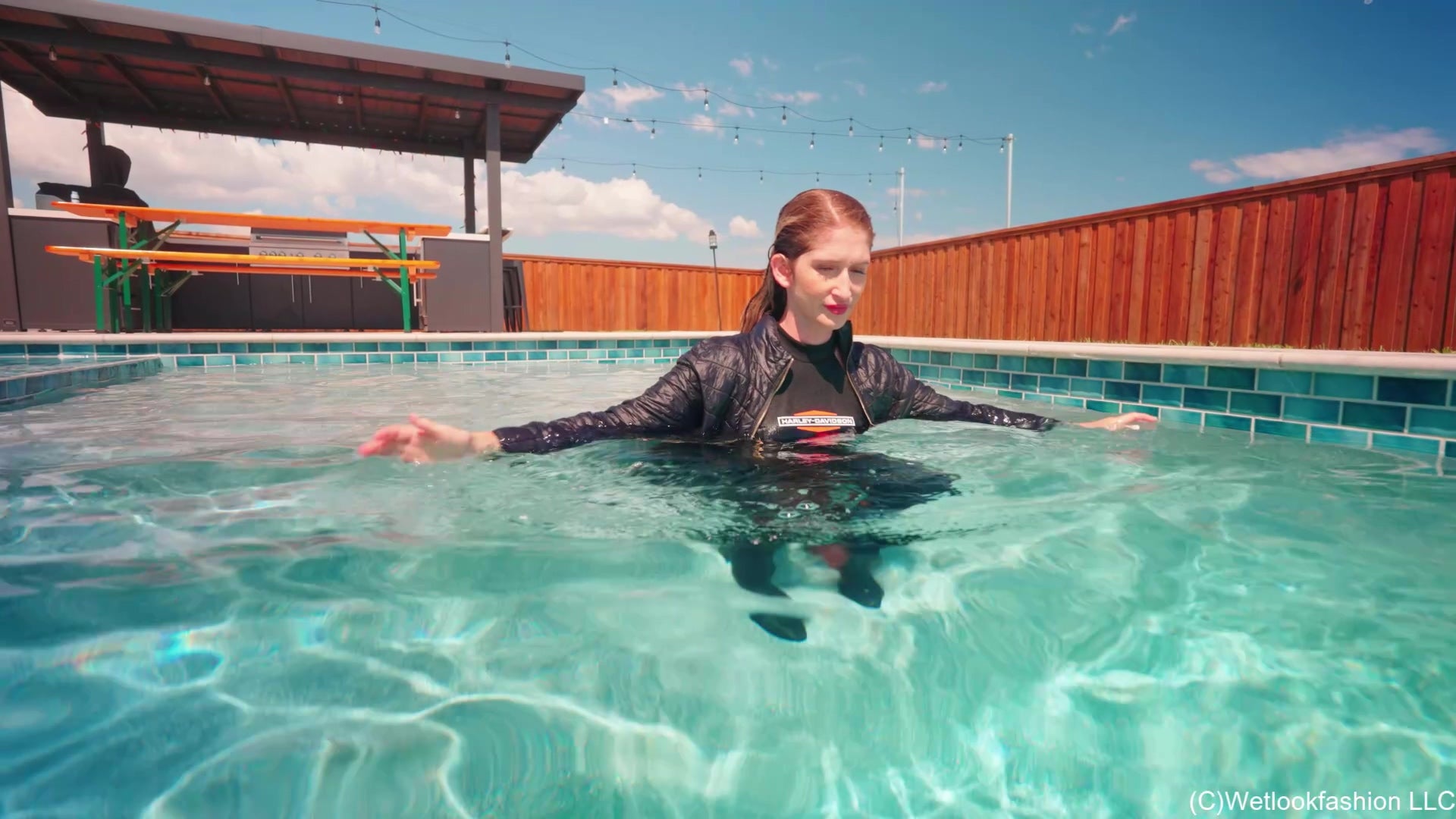 Harley Girl Kate Gets Wet in Leggings, Boots and Jacket