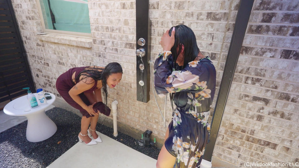 Selina and Maria Swimming in Formal Dresses