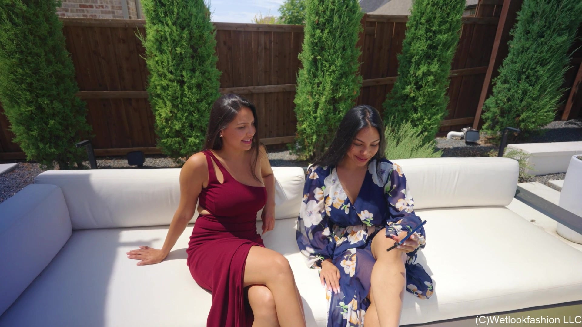 Selina and Maria Swimming in Formal Dresses