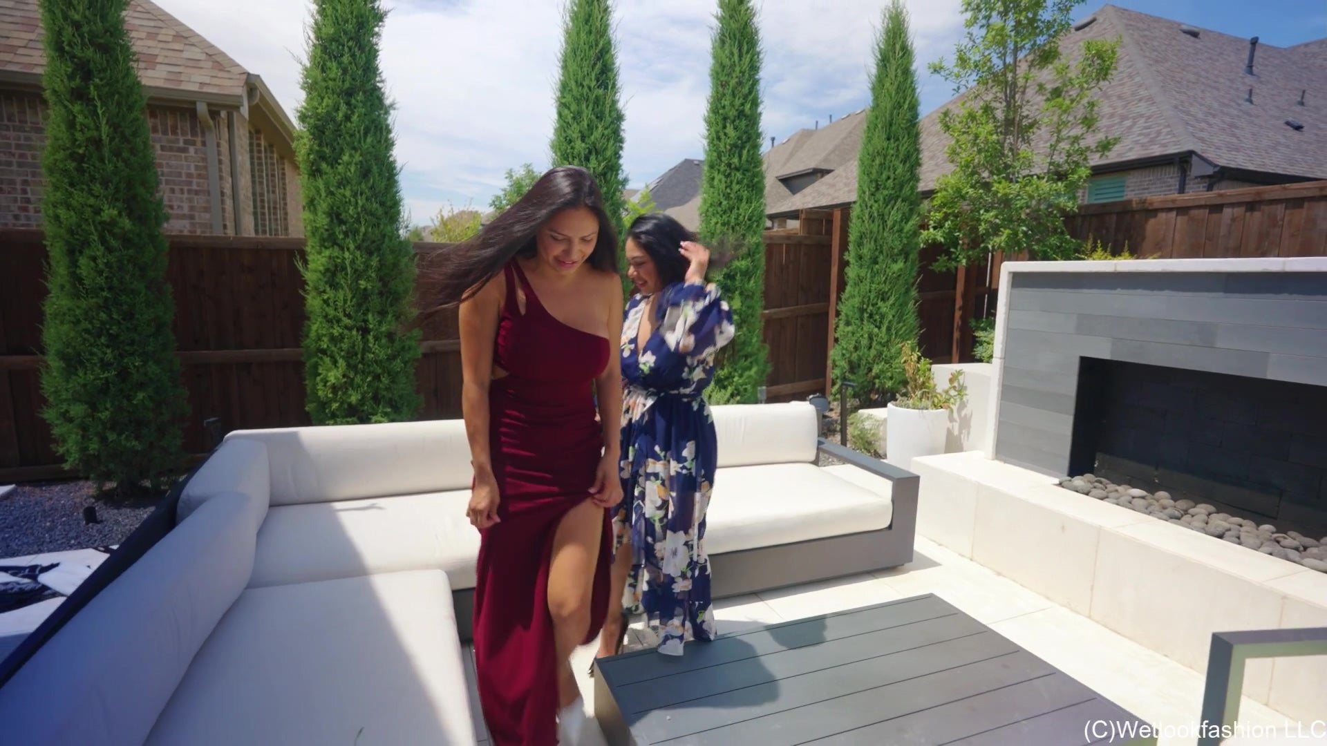 Selina and Maria Swimming in Formal Dresses
