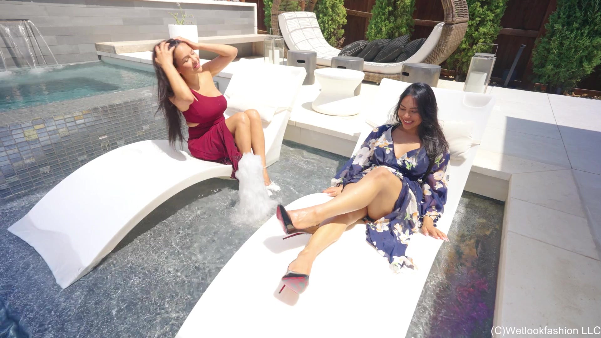 Selina and Maria Swimming in Formal Dresses