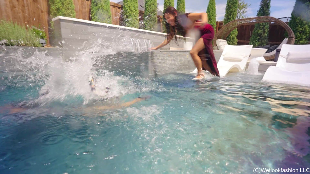 Selina and Maria Swimming in Formal Dresses