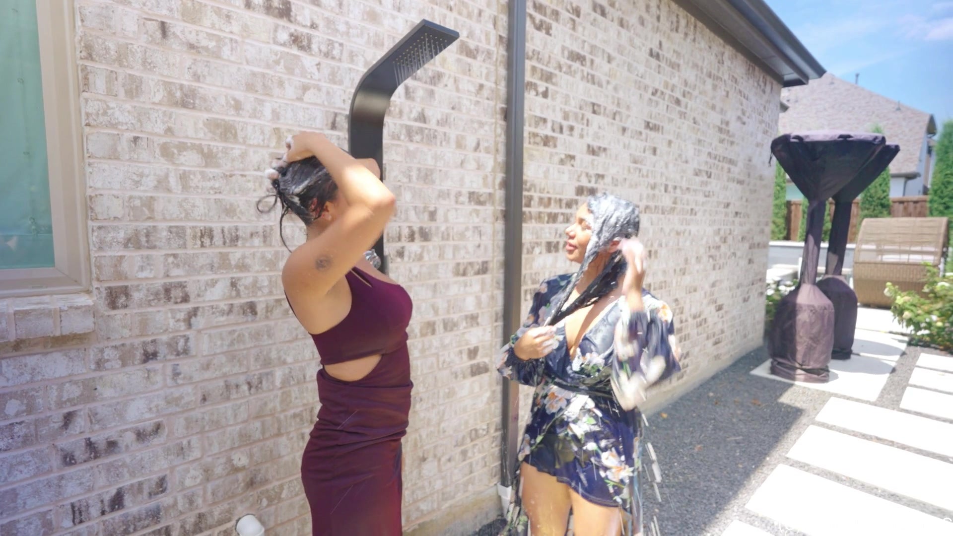 Selina and Maria Swimming in Formal Dresses
