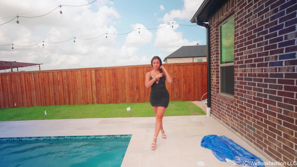 Iris Falls in the Pool Wearing Mini Dress