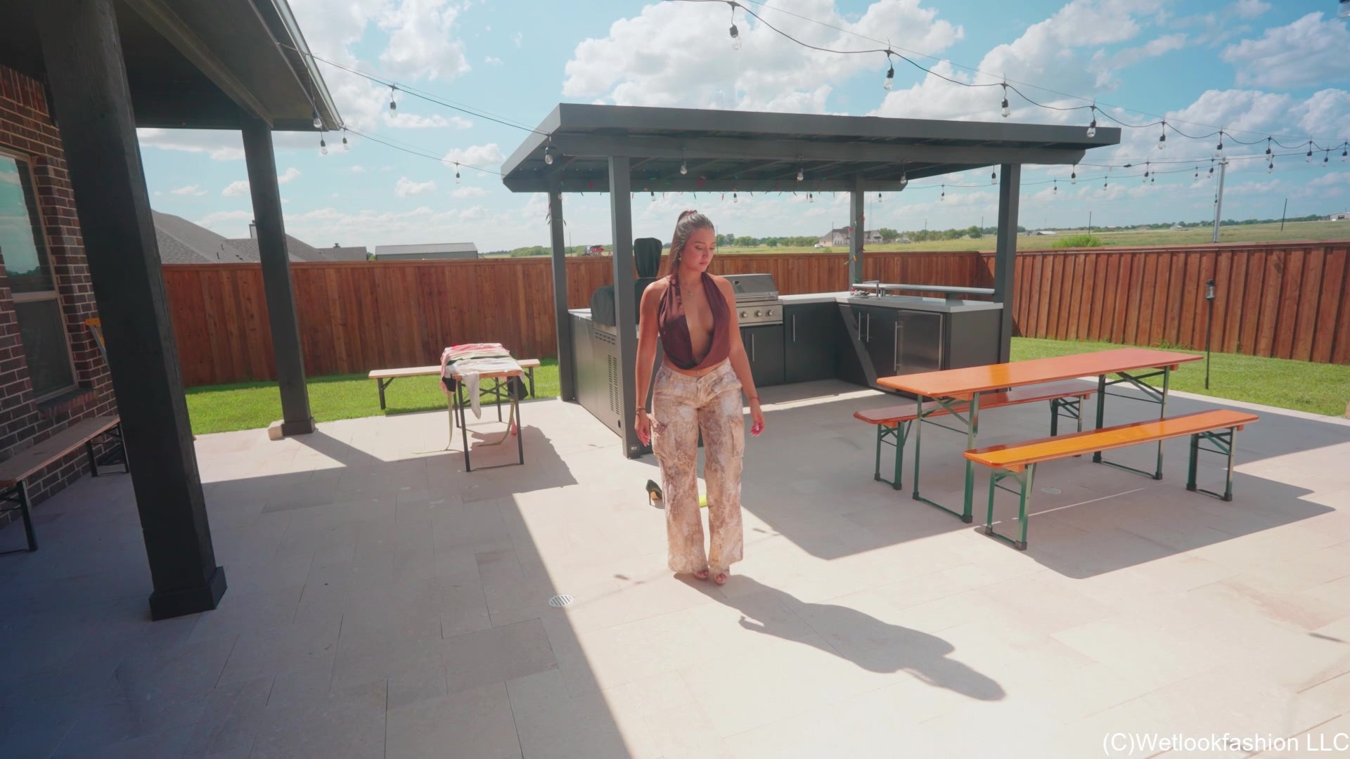 Iris Enjoys the Pool in Cargos and A Backless Top