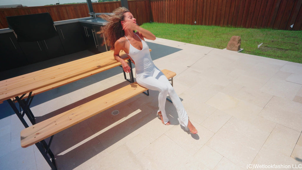 Jasmine Gets Wet in a White Jumpsuit and Heels