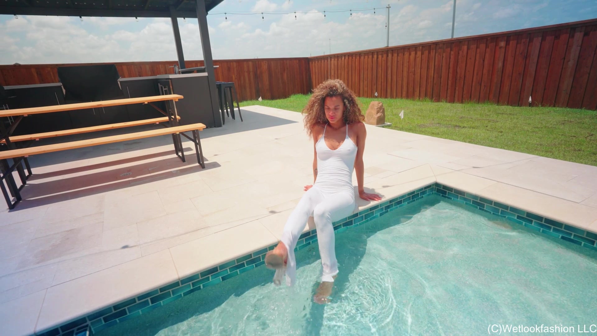 Jasmine Gets Wet in a White Jumpsuit and Heels