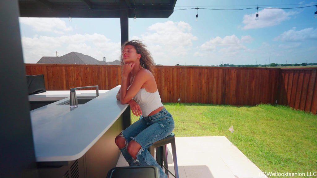 Jasmine Goes for a Swim in Jeans, a White Top and Heels