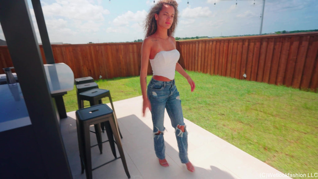 Jasmine Goes for a Swim in Jeans, a White Top and Heels