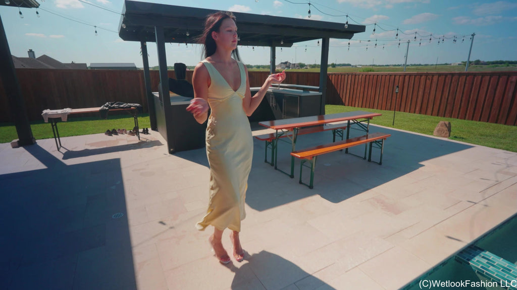 Jenny Goes for a Swim in a Yellow Satin Dress
