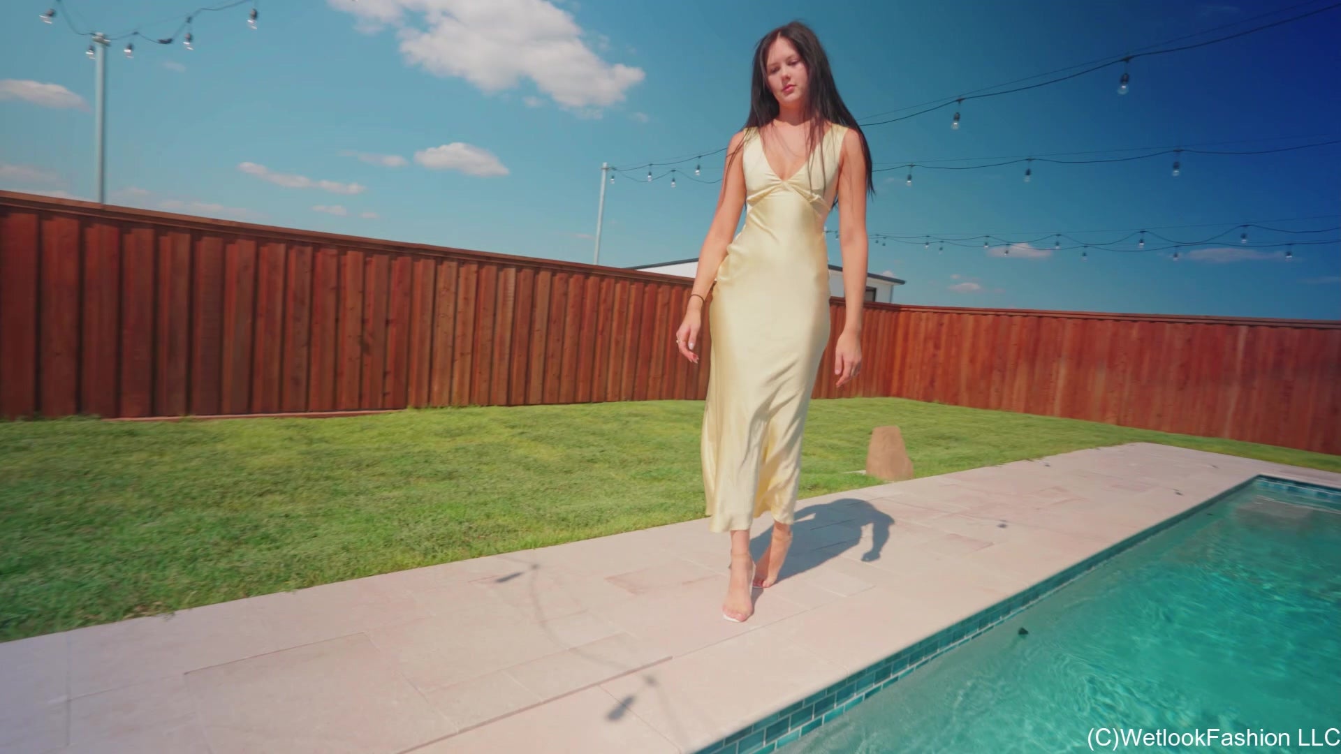 Jenny Goes for a Swim in a Yellow Satin Dress