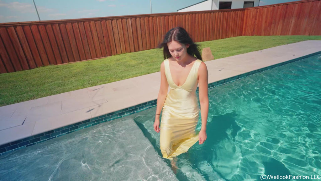 Jenny Goes for a Swim in a Yellow Satin Dress