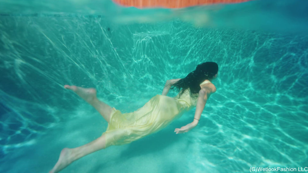 Jenny Goes for a Swim in a Yellow Satin Dress