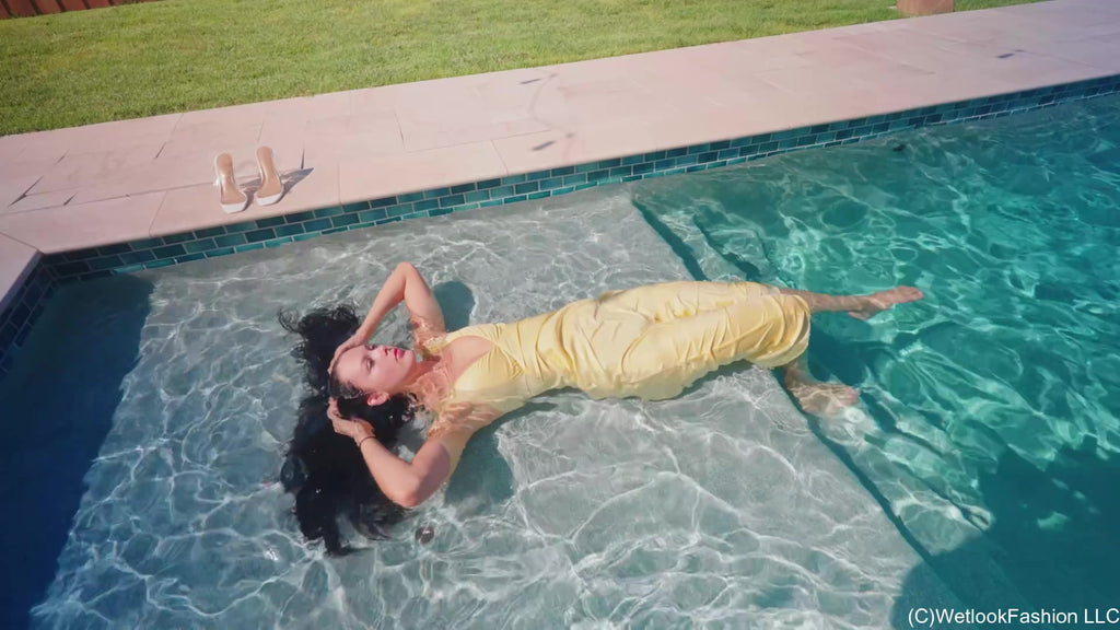Jenny Goes for a Swim in a Yellow Satin Dress