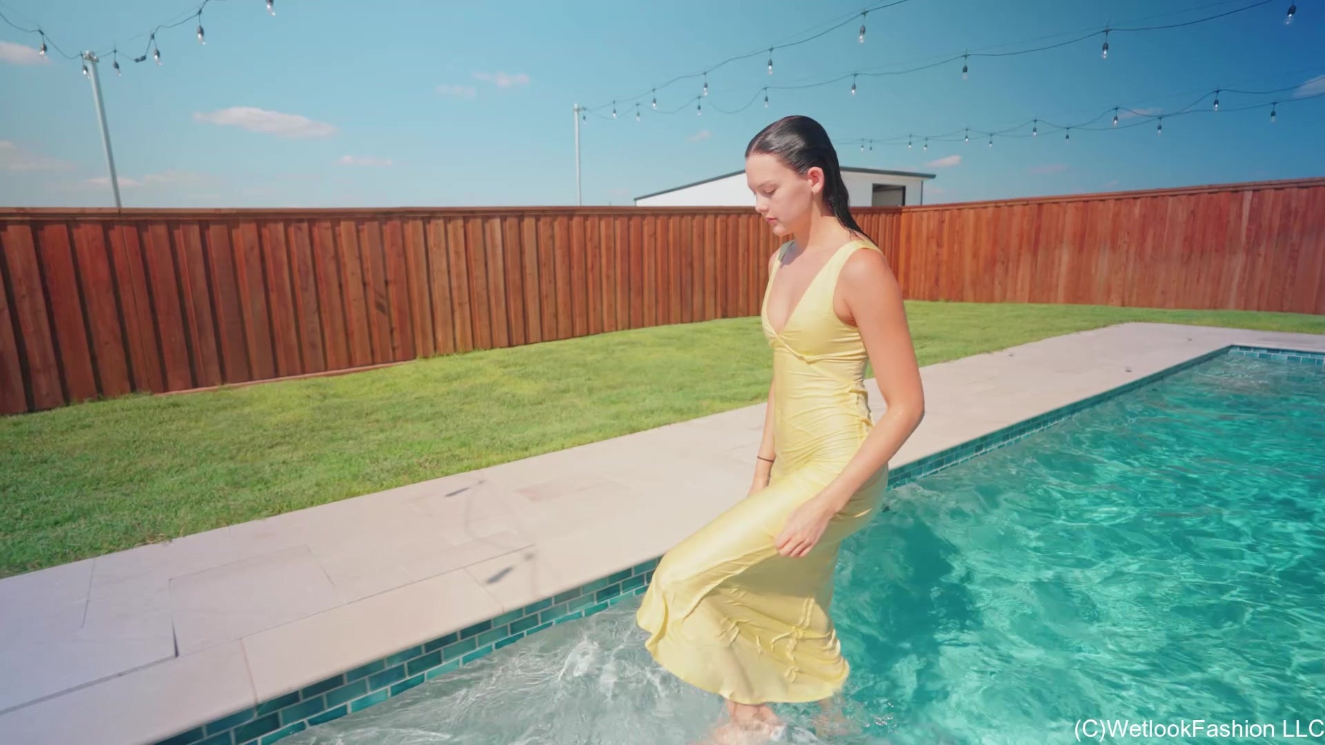Jenny Goes for a Swim in a Yellow Satin Dress