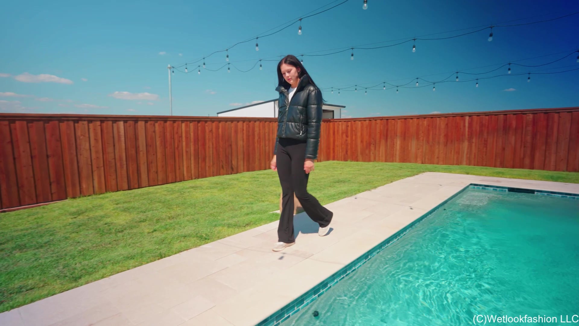 Jenny Goes for a Swim in Yoga Pants, Shirt and a Jacket