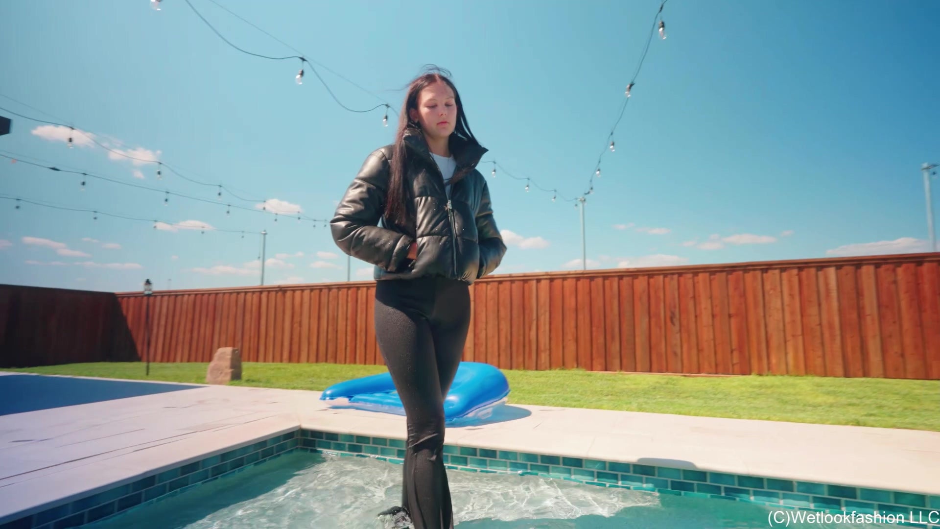 Jenny Goes for a Swim in Yoga Pants, Shirt and a Jacket