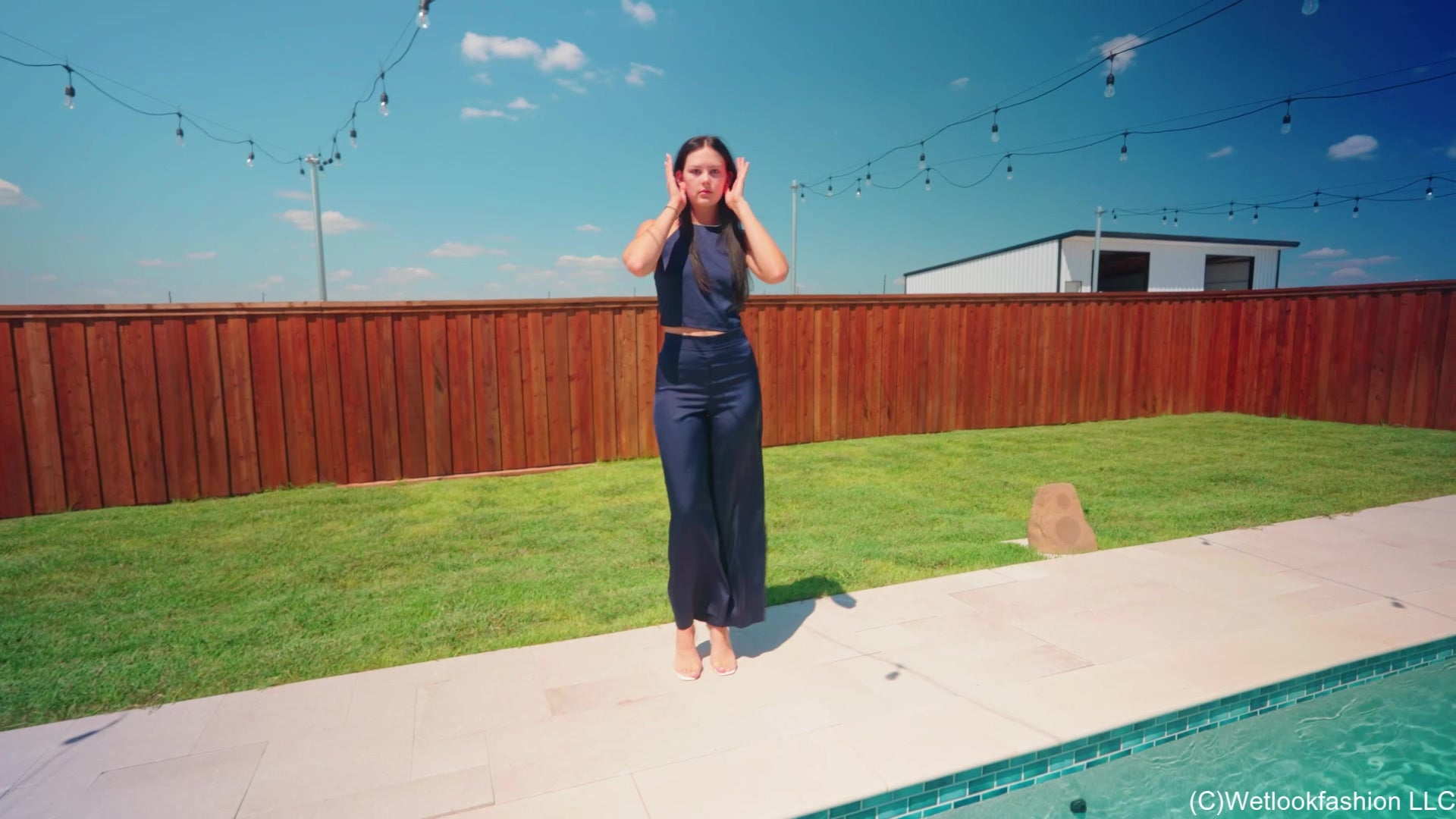 Jenny Takes a Dip in the Pool in Sexy Satin Pant Set