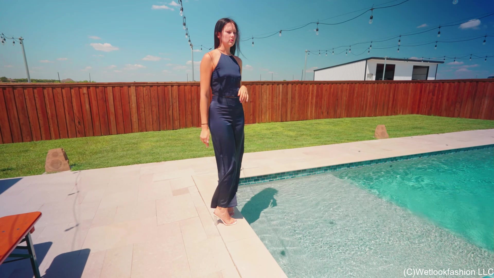 Jenny Takes a Dip in the Pool in Sexy Satin Pant Set