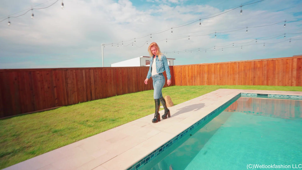 Jessica Goes for a Swim in Jeans and Shiny Boots