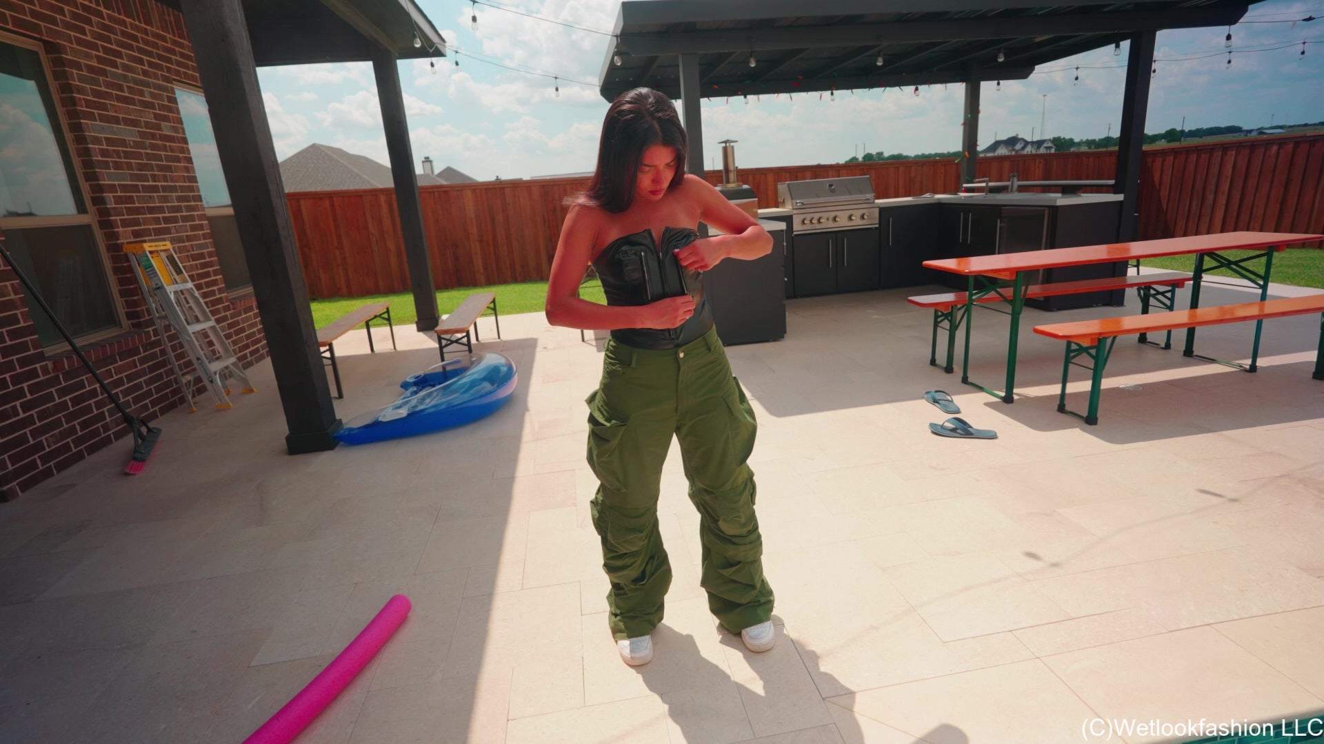 Jolissa Dives in the Pool Wearing Cargos and a Leather Top