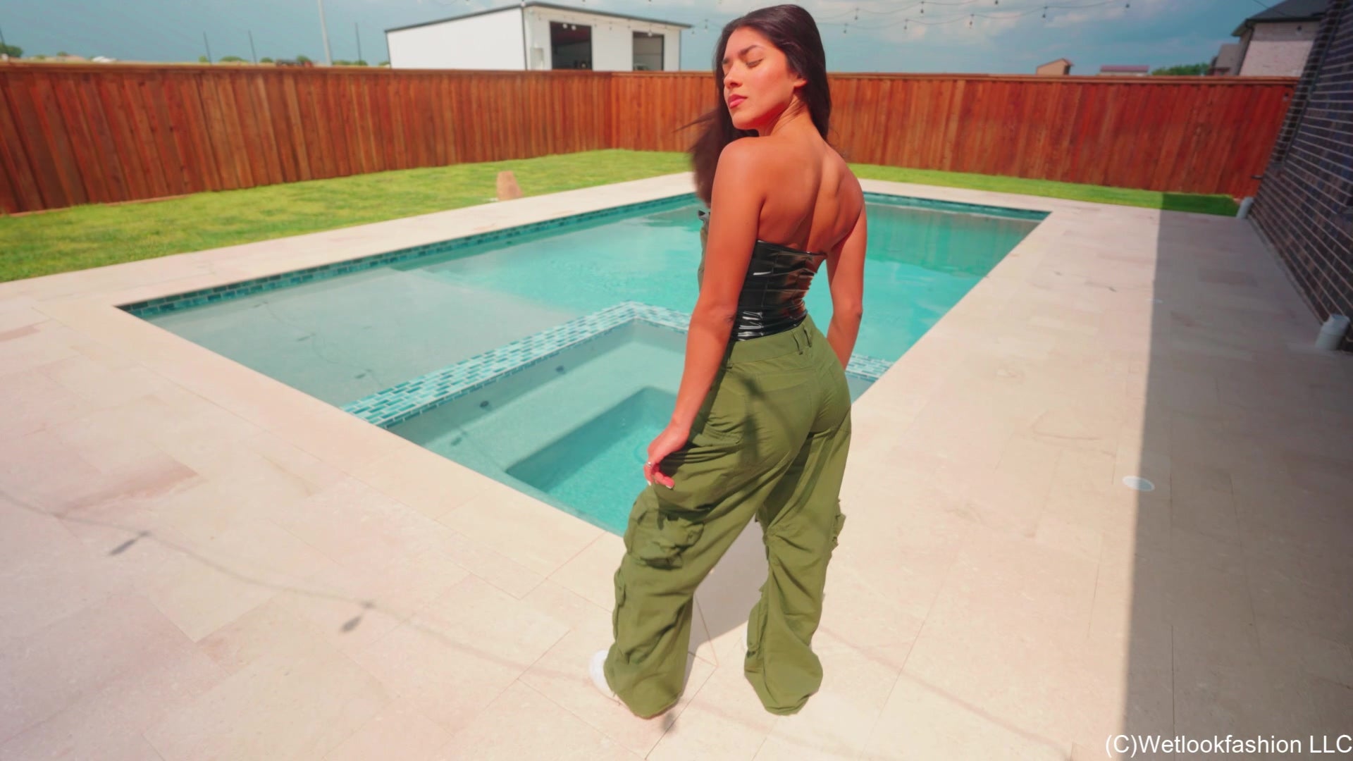 Jolissa Dives in the Pool Wearing Cargos and a Leather Top