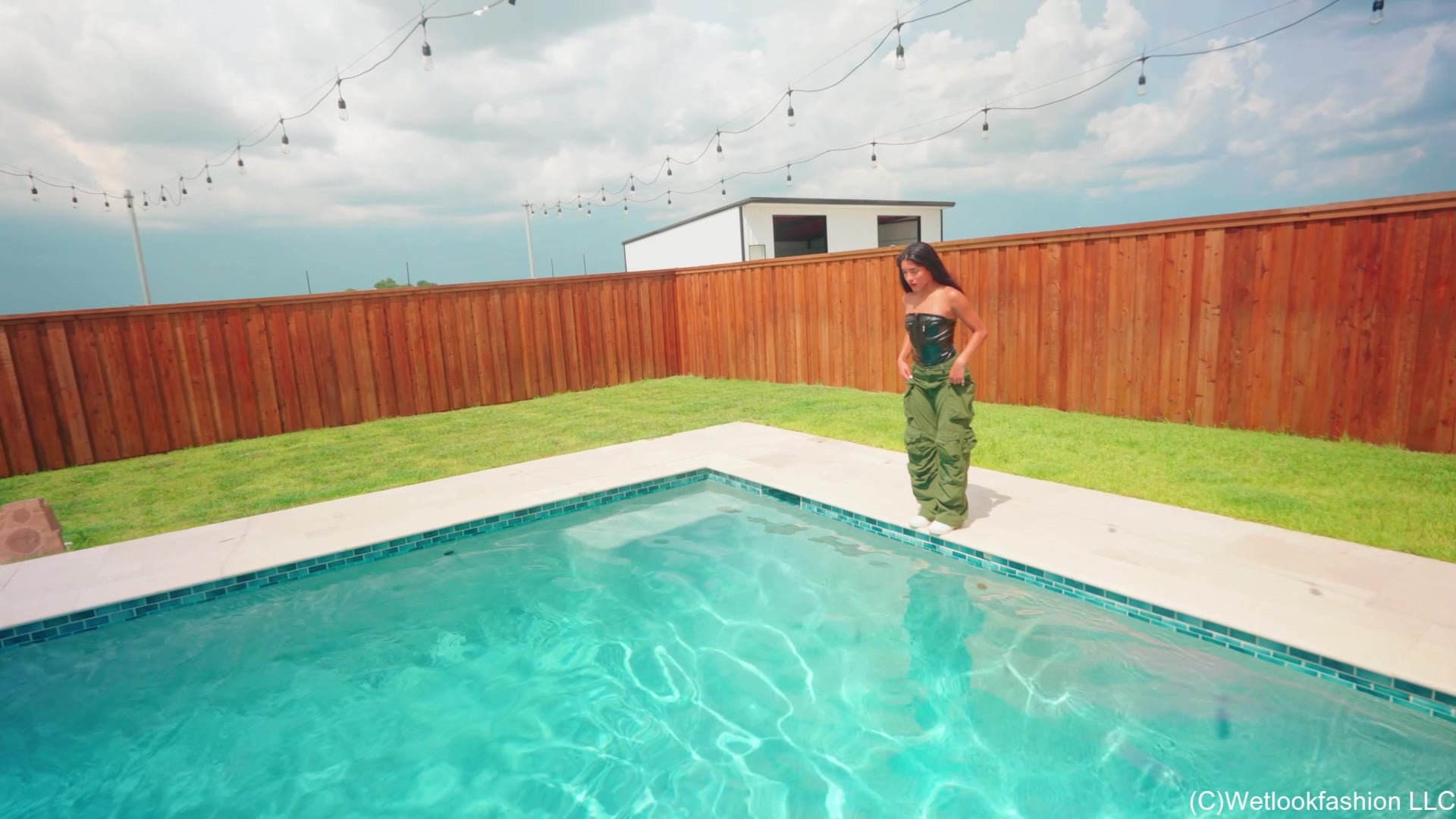 Jolissa Dives in the Pool Wearing Cargos and a Leather Top