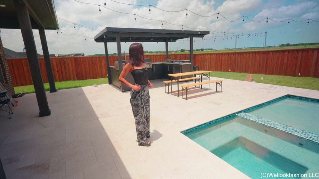 Jolissa Takes a Dip in Camo Cargos, Satin Top and Heels