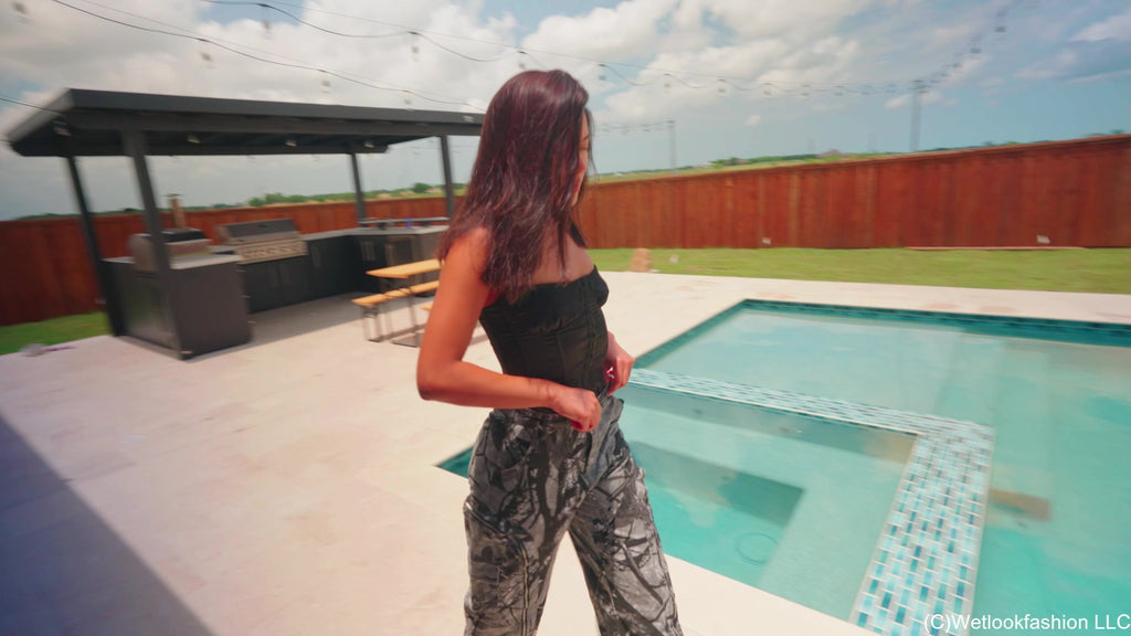 Jolissa Takes a Dip in Camo Cargos, Satin Top and Heels