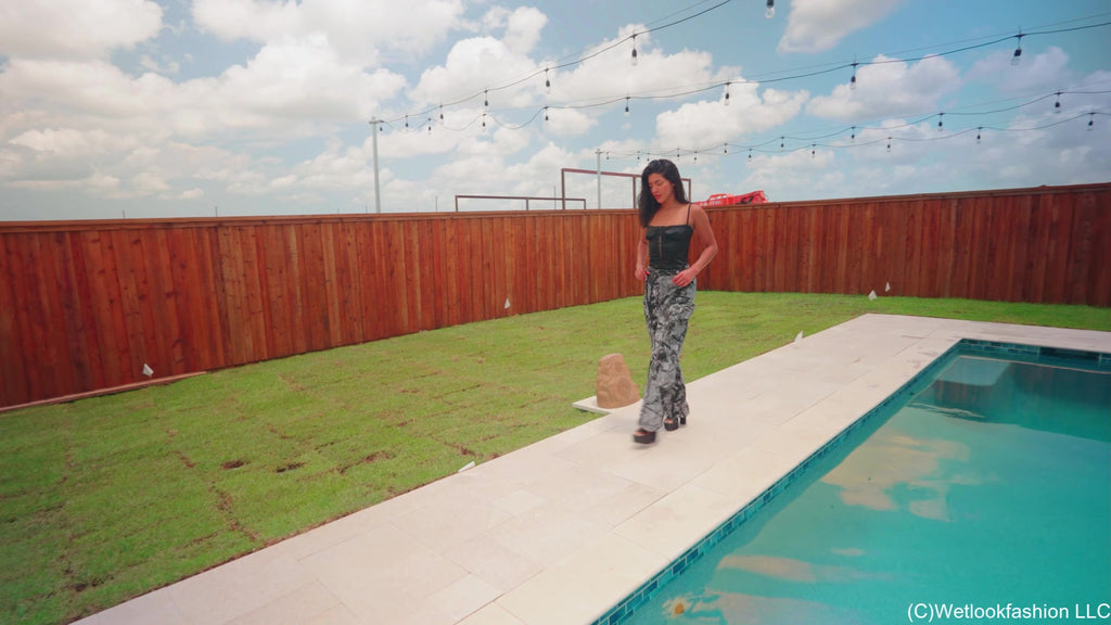 Jolissa Takes a Dip in Camo Cargos, Satin Top and Heels