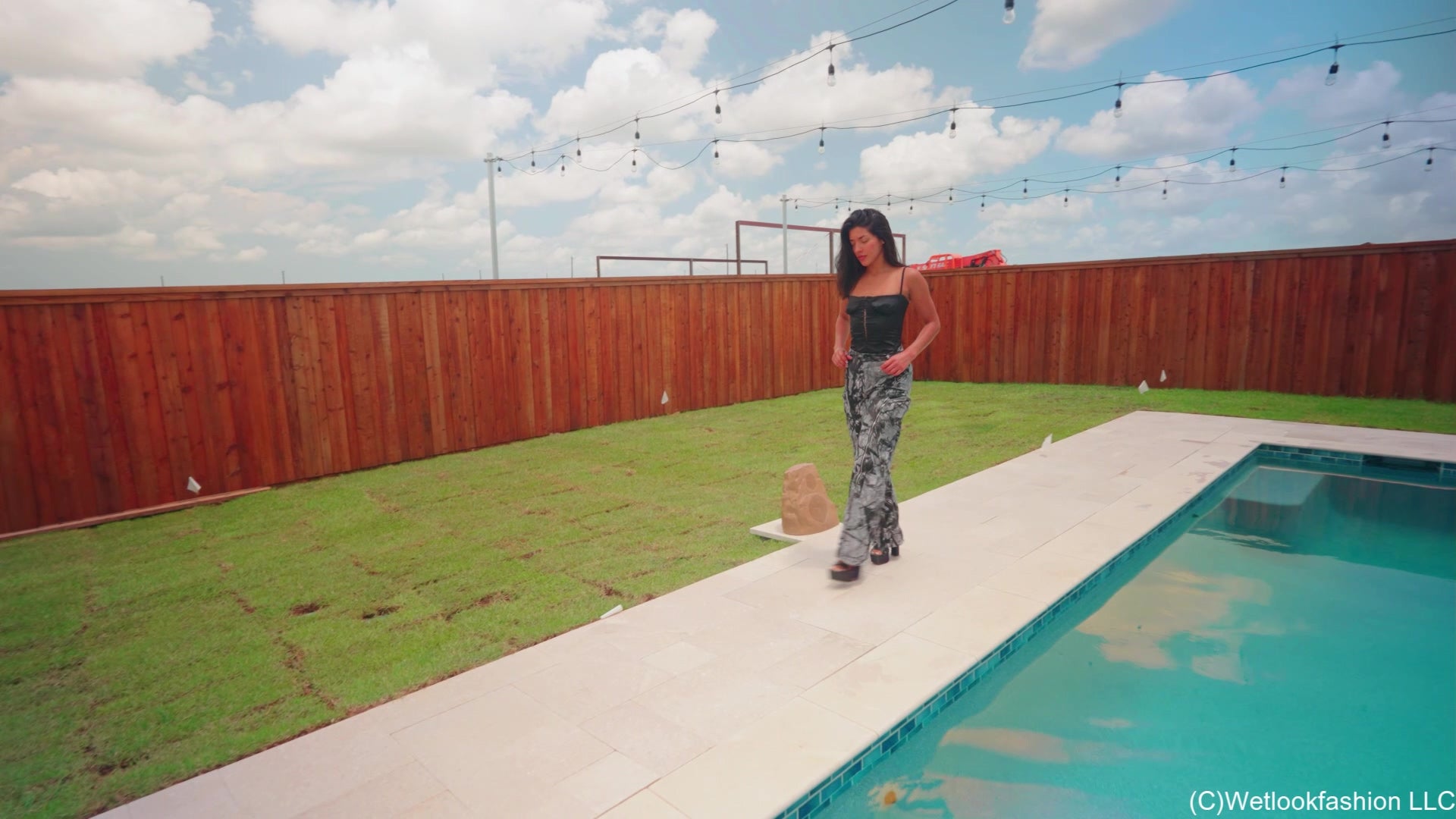 Jolissa Takes a Dip in Camo Cargos, Satin Top and Heels