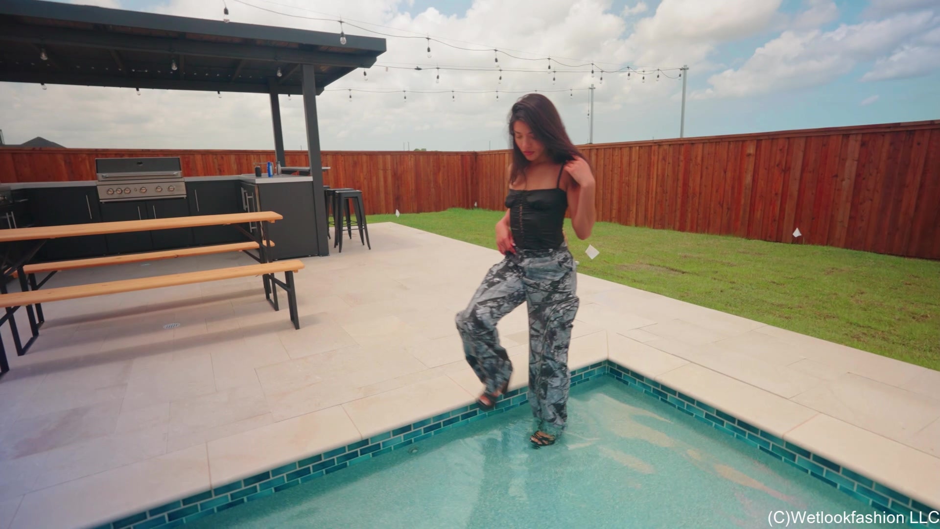 Jolissa Takes a Dip in Camo Cargos, Satin Top and Heels