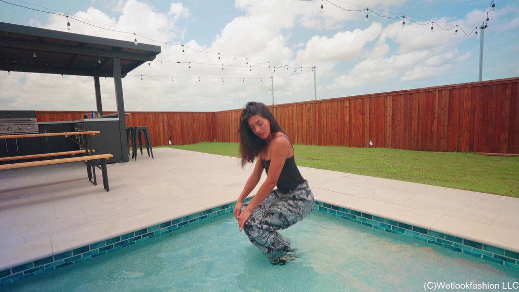 Jolissa Takes a Dip in Camo Cargos, Satin Top and Heels